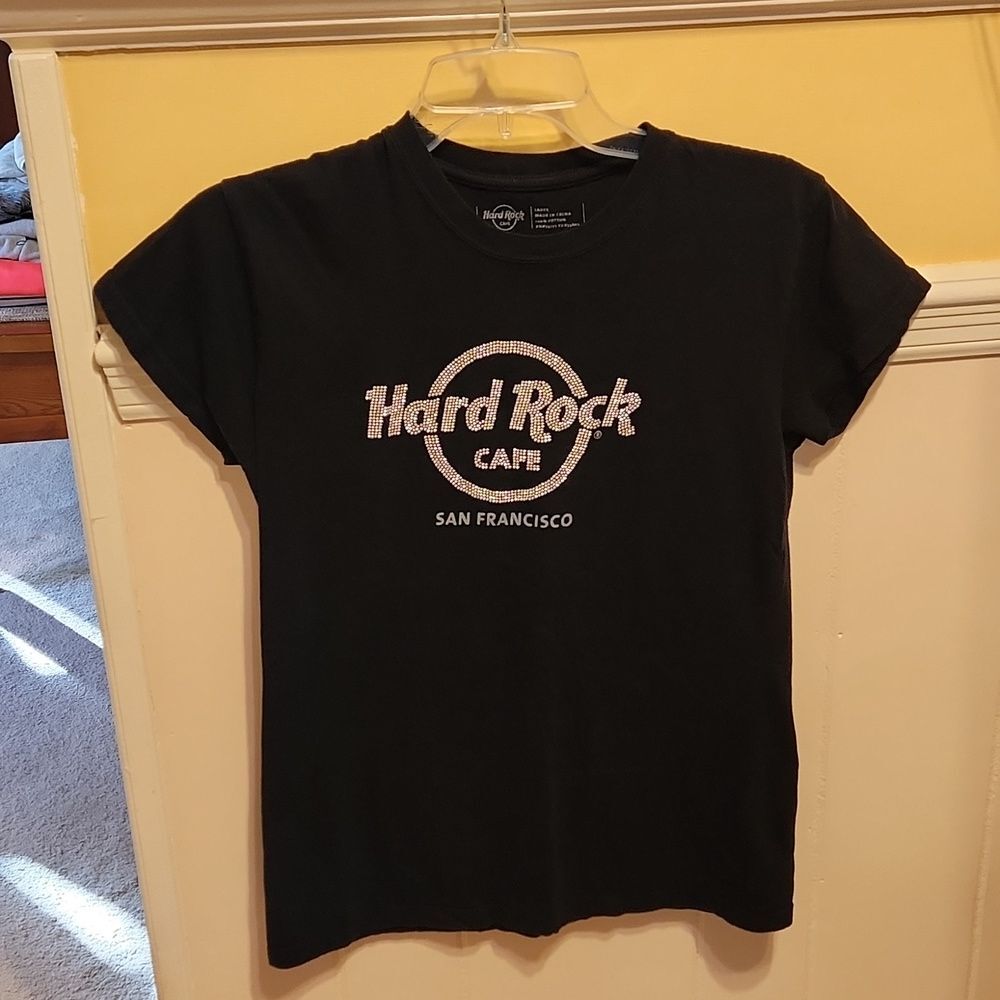 Hard Rock Café San Francisco Women's Black Fitted T-Shirt w/ Bedazzle Size L